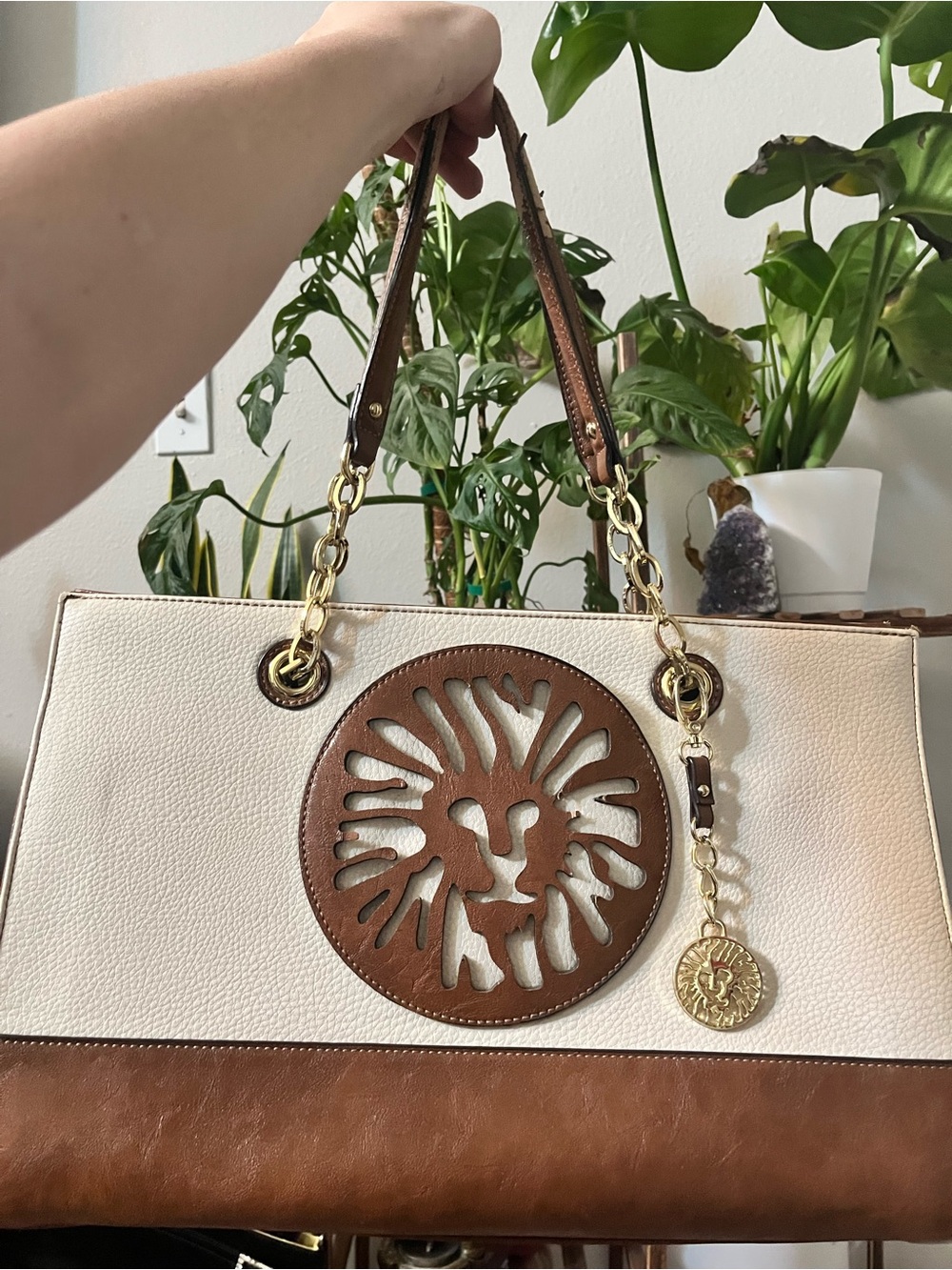 Anne Klein White and Brown Lion Cutout Tote